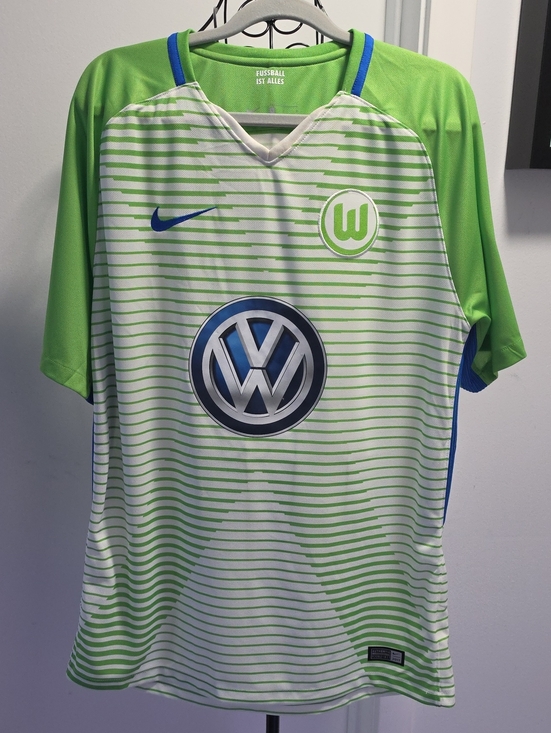 Nike Other - Nike VfL Wolfsburg Striped Soccer Jersey - Lime Green & White with Blue Accents
